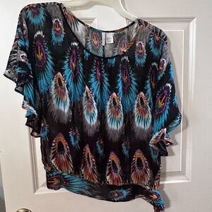 Blue and Gold Asymmetrical Flutter Sleeve Blouse